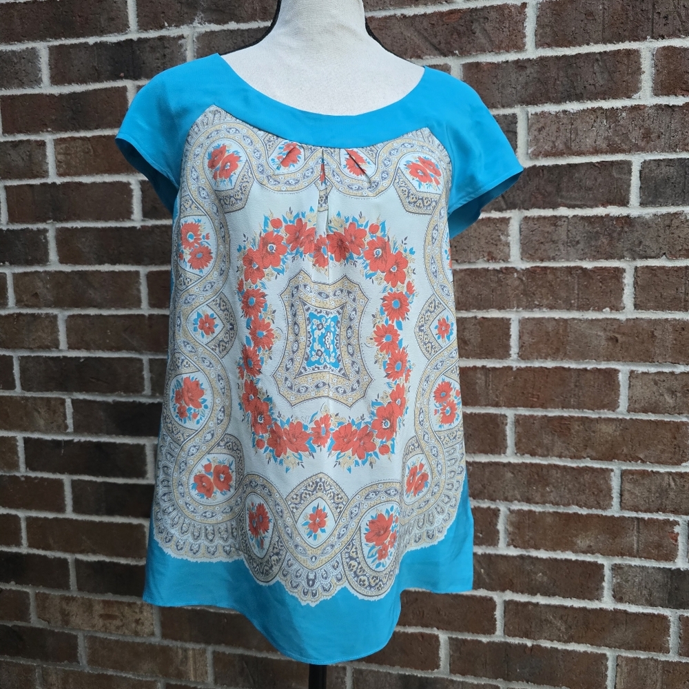 Moulinette Soeurs Anthropologie Floral Medallion Blouse Blue Silk
